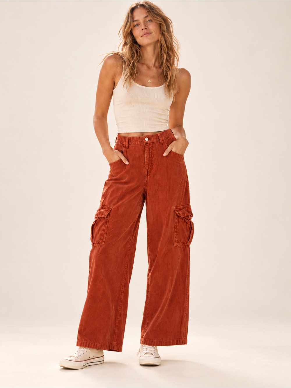RSQ Wide-Leg Cargo Corduroy Pants in Rust